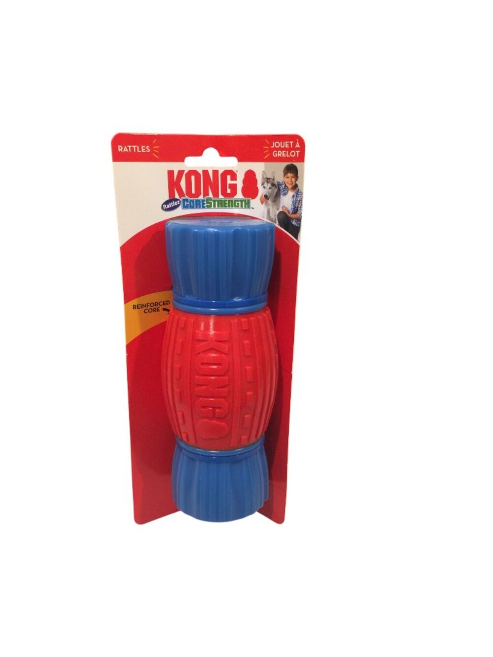KONG Rattlez Core Strength 9" Chew Dumbbell Red Blue Reinforced Core